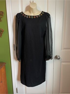 Lisa Michaels Sweater Dress Sheer Sleeves Bejeweled Diamond Embroidery 10 Black